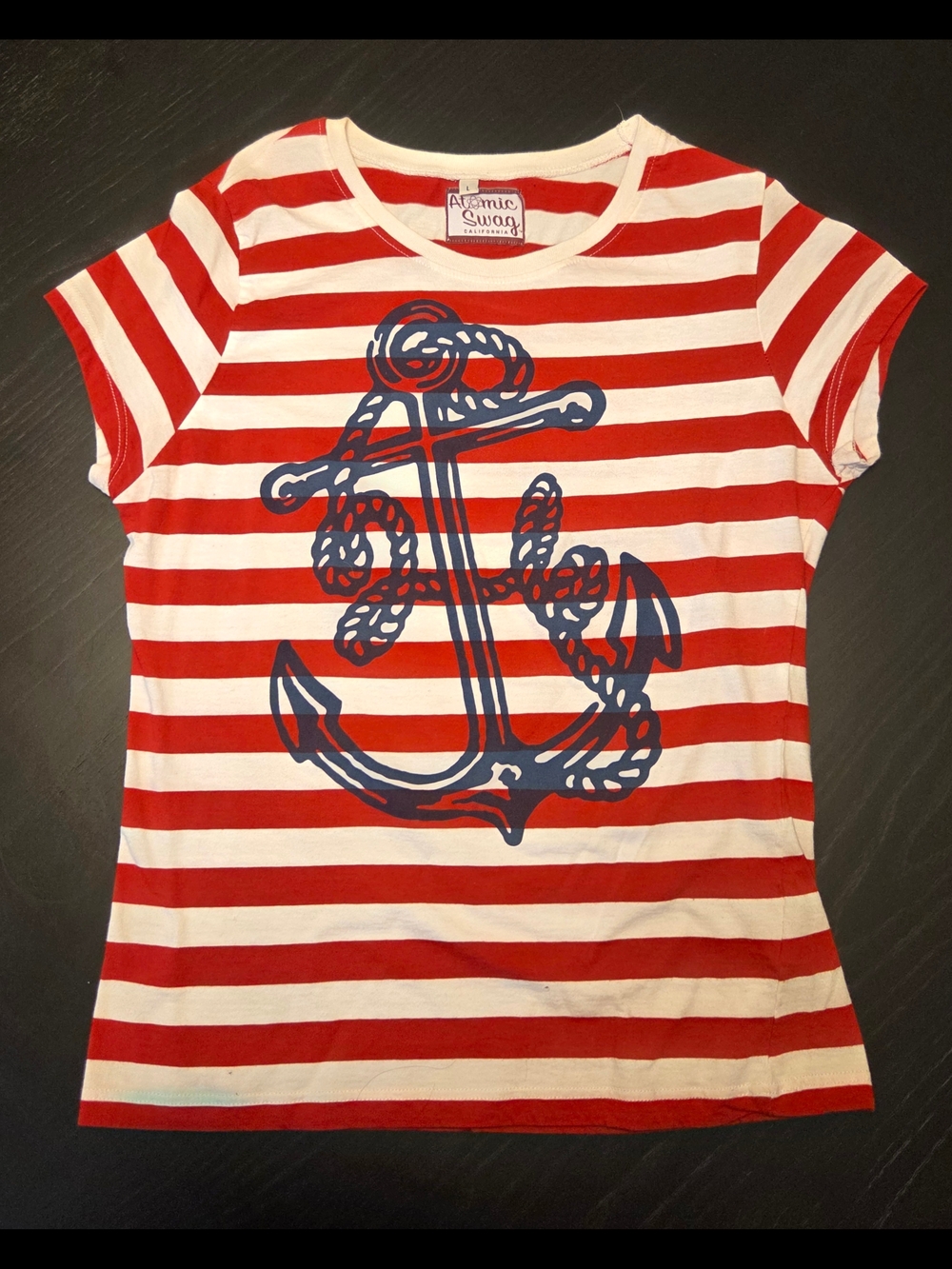 Atomic Swag | Red & White Striped Anchor Graphic Tee | Size L